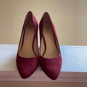 Burgundy suede block heels.